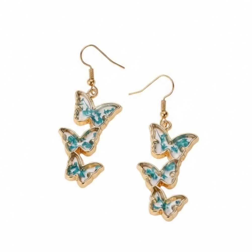 🆕️ Artisan With Real Floral & Resin Gold and Blue Butterfly Earrings